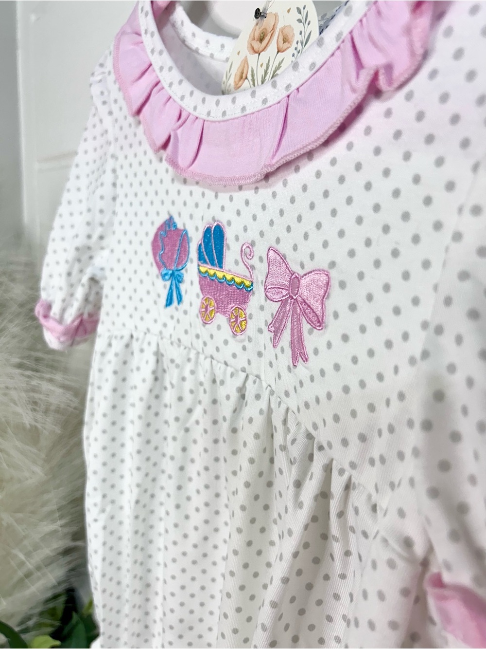 Pink Trim Polka Dot Baby Dress with Embroidered Pram & Bows